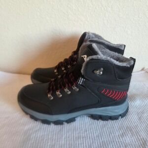 Mens Black Faux Fur Lined Winter Hiking Boots Size 42 Red Accents Lug Sole